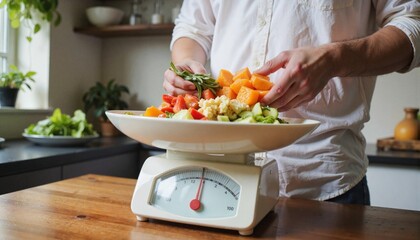 Person weighing fresh vegetables on kitchen scale