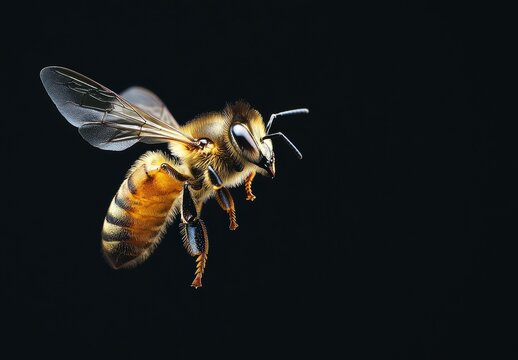 Close-up of a buzzing bee in mid-flight isolated on a black background showcasing intricate details of wings, body, and antennae highlighting nature's wonders