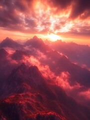 Fototapeta premium Panoramic mountain range view at dusk with ethereal light and cloudscape