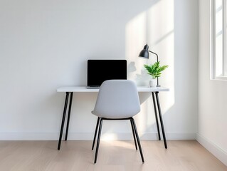 Compact workfromhome corner with a clean desk and stylish chair in a small apartment, minimalist workspace, urban living