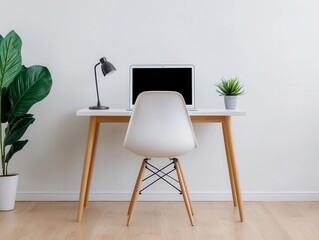 Compact workfromhome corner with a clean desk and stylish chair in a small apartment, minimalist workspace, urban living