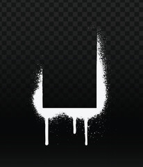 White spray paint "U" vector, dripping effect.  Grunge, splattered texture.  Transparent background overlay.  Urban, street art style.  Perfect for edgy designs, graffiti letters, and artistic element © VectorBloomX