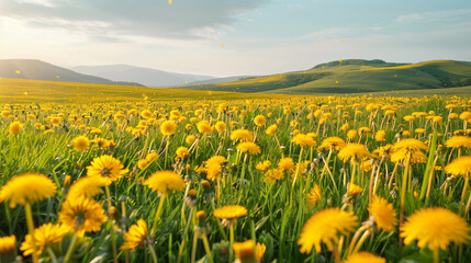 Fototapeta premium A vast field of blooming dandelions, with vibrant yellow flowers stretching endlessly across the landscape. A gentle breeze causes the seeds to float gracefully in the air, while a clear sky with soft