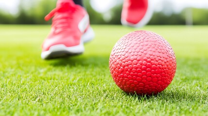 Naklejka premium Red ball and sneakers training on green grass field