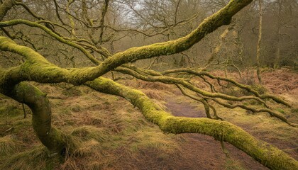 Moss Draped Tree Branches Across Woodland Path