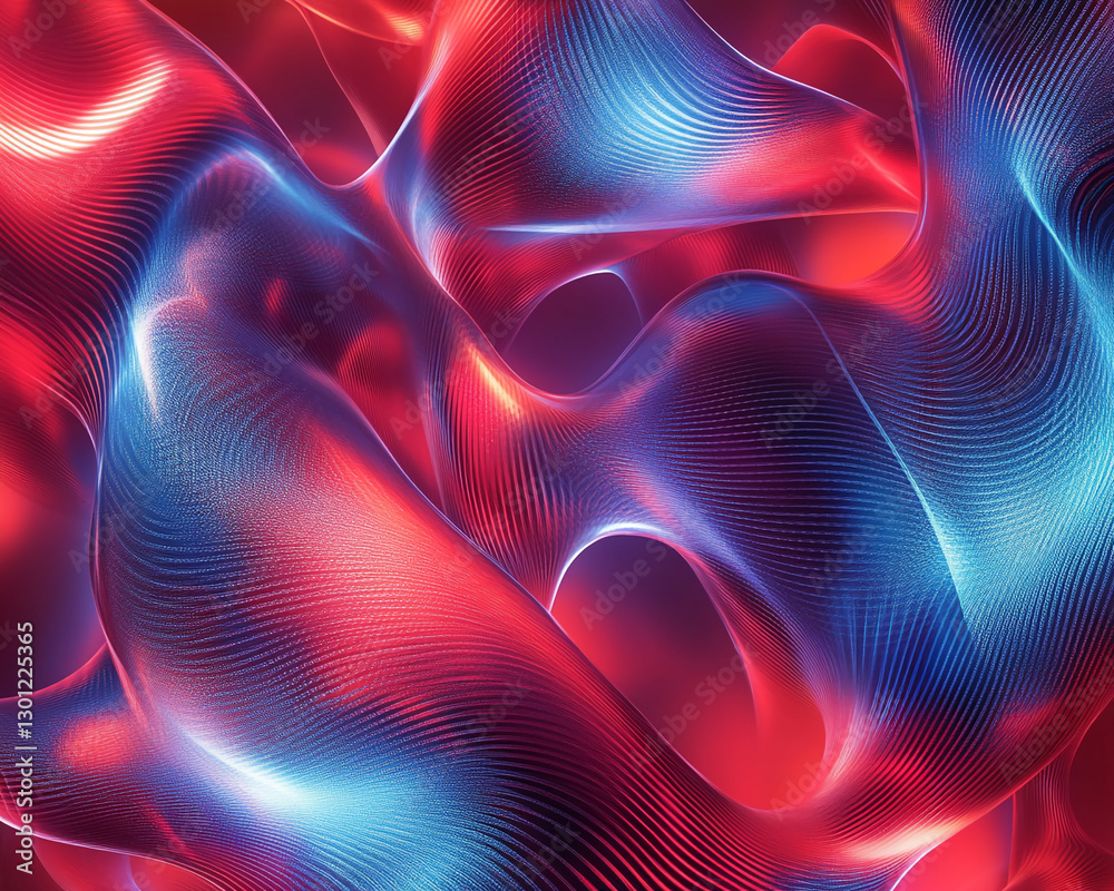 Poster abstract flowing waves of vibrant neon red and blue light, glowing fluid motion with smooth textures