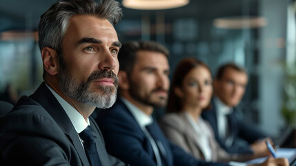 A realistic portrait of serious business professionals in a corporate office setting. They are dressed in formal suits and engaged in a high-level meeting, with focused expressions that reflect their 