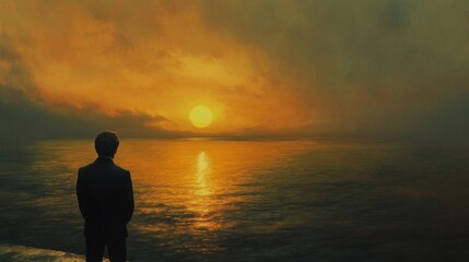 Fototapeta premium man looking at the ocean at sunset, contemplating life, distant gaze, cinematic depth
