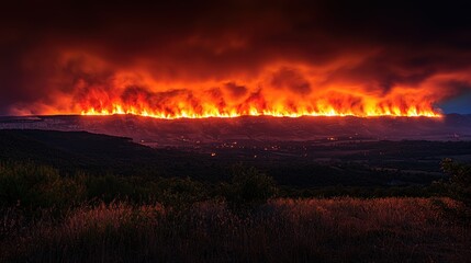 Naklejka premium Wildfire Raging Across Mountain Ridge During Nighttime Creating Dramatic Landscape