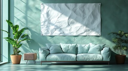 A wrinkled poster is glued to a solid mint green wall, offering a fresh and modern mockup for design presentations.