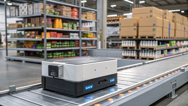 Automated Guided Vehicle (AGV) on Conveyor Belt in Modern Warehouse