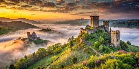 Fototapeta premium Ancient Stone Castles Enveloped in Morning Mist, Serene Hillside Landscape at Sunrise