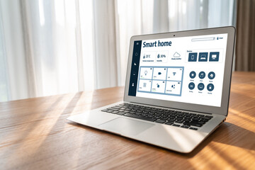 Smart home technology, centric remote control system with digital dashboard for air conditioning, safety security network or house automation. App software, ui panel programming IOT monitor snugly