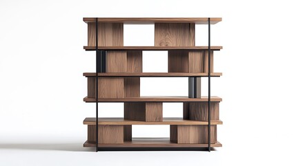 Modern wooden shelf display unit in-house furniture arrangement white background minimalist asset design