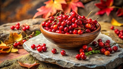 Autumnal Harvest A Wooden Bowl Overflowing with Vibrant Red Berries Nestled Amongst Autumn Leaves on a Rustic Stone Surface