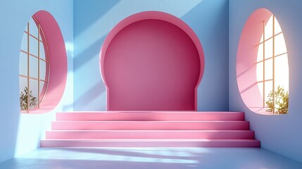 Abstract 3D rendered scene. Empty showcase with a soft pink podium on a pastel blue background. Barbiecore, kawaii, soft kidcore style.