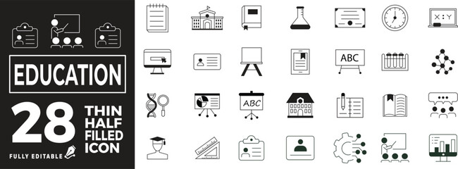 Education Icon Set in Line Style. A collection of linear icons representing education, learning, science, technology, engineering, mathematics, students, teachers, exams, and more.