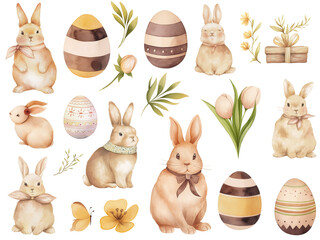 Easter rabbits and eggs set in a cute holiday illustration, watercolor brown tones color isolated on white background. Celebration Illustration set and Spring decorations. Cut out PNG on transparent.