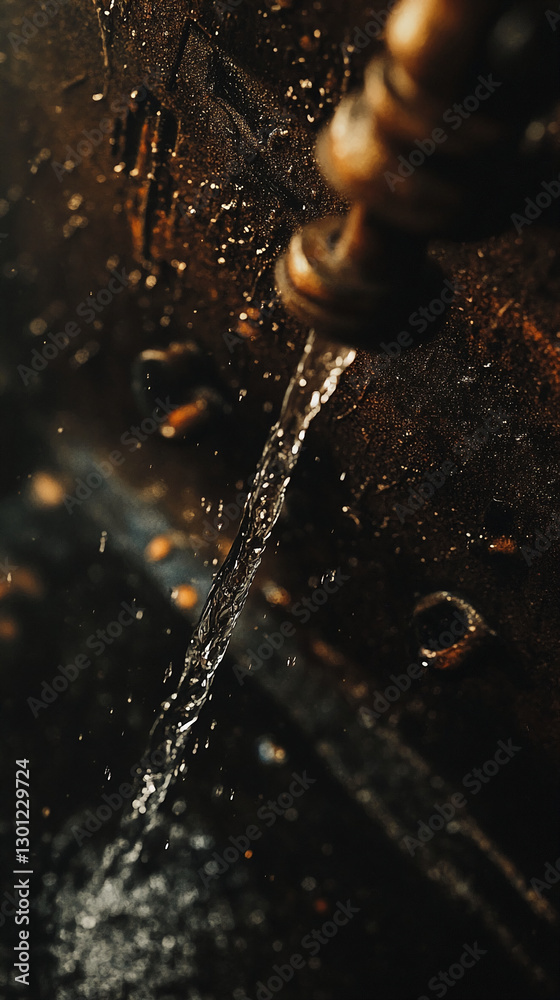 Aufkleber close-up shot of water flowing from a faucet, with droplets splashing, creating an artistic and text