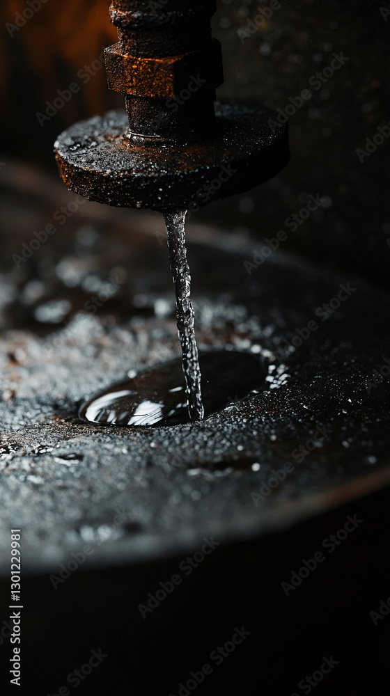 Aufkleber close-up of water flowing from a rusty faucet with droplets splashing onto a dark surface, symbolizi