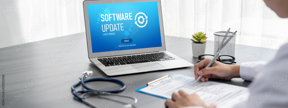 Poster software update on computer for brisk version of device software upgrade