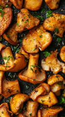 Close-up shot of freshly saut&Atilde;&copy;ed mushrooms with herbs and seasoning, showcasing the delicious texture and flavor of the dish. Represents healthy, vegetarian cuisine.