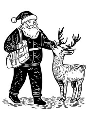 Fototapeta premium Vector engraved illustration of Santa Claus interacting with a reindeer during a winter holiday season