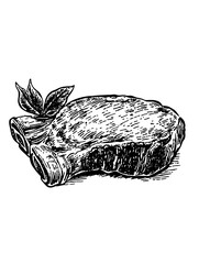 Engraved vector illustration of a raw steak with leaves for culinary product design
