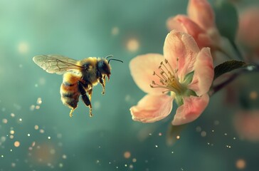 Fototapeta premium Close-Up of a Honey Bee Hovering Near a Delicate Flower with Soft Focus and Magical Bokeh Effect, Nature's Beauty in Springtime