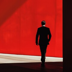 A figure walks confidently toward a striking red wall.