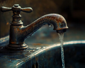 Close-up of a rusted faucet with water flowing, showcasing aged infrastructure, the effects of corrosion, and the movement of water symbolizing decay and the need for maintenance.
