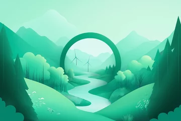 Gordijnen Paper art-style depiction of a sustainable landscape with wind turbines, mountains, trees, and a serene lake, promoting green energy © Moritz