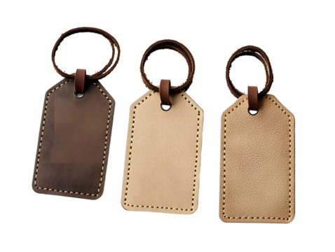 Neutral Toned Luggage Tags with Leather Straps on Transparent Background