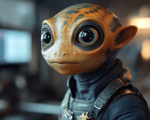 Alien stares, uniformed, office backdrop