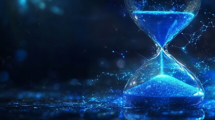  A mesmerizing hourglass filled with glowing blue cosmic dust and tiny shimmering stars, symbolizing the mysterious passage of time in a surreal, futuristic, and celestial setting