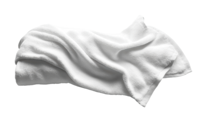 Soft white towel draped casually on a flat surface for home decoration and relaxation concept, cut out