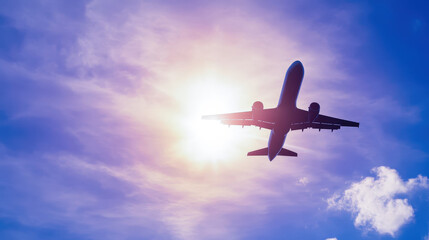 A silhouette of an airplane flying against a bright sunlit sky with clouds, capturing the essence of travel and freedom.