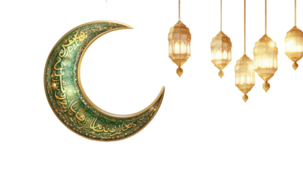 Eid Mubarak greeting card with an elegant moon and hanging lanterns isolated on white background