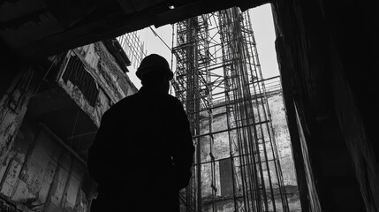 Fototapeta premium Construction worker observes industrial metal scaffolding.