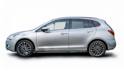 Fototapeta premium Silver Compact Car: Side View Isolated on White Background