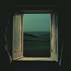 Open Window Overlooking a Scenic Countryside at Dusk – AI Generated