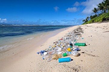 A beach covered in plastic waste, illustrating the impact of pollution on coastal climates