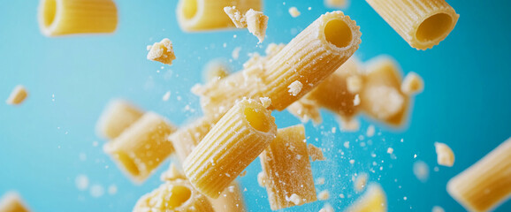 Flying pasta pieces with some fragments breaking and scattering, frozen in mid-air against a light blue background, showcasing motion, ingredients, and cooking concepts.