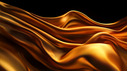 Fototapeta premium Close-up view of smooth, luxurious golden satin fabric waves with rich texture and shine, symbolizing elegance, luxury, and beauty in textile design or fashion.