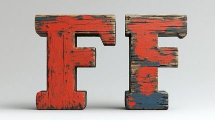 Rustic Wooden Letters FF Red Blue Vintage Style