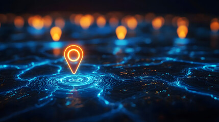 Digital map with glowing location pins, futuristic technology, network connections