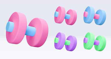 Blue, green, pink, purple, violet Dumbbell Realistic icon, 3d render. Isolated on white backround. Sport And Fitness design set. Vector illustration for shop, flyer, banner, web, advertising, sale