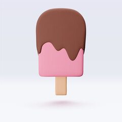Ice cream with chokolate glaze, pink icon, 3d render. Design elements. Realistic fast food icon. Sweet food. Vector illustration isolated on white for menu, shop, flyer, banner, web, adv, sale