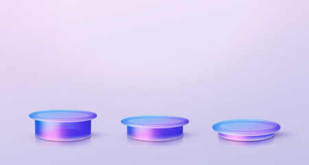 3d iridescent hologram disk, coin, podium, pedestal. Render figure with purple, pink, blue colors. Vector illustration isolated on white for design projects, product display, presentation, adv