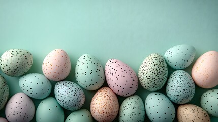 A Stunning Pastel Green Easter Background Overflowing with Decorated Eggs for Perfect Festive Flat Lay Composition